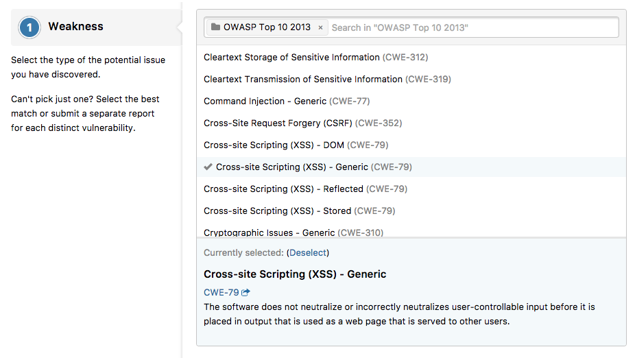 Weakness selector for hackers on report submission page