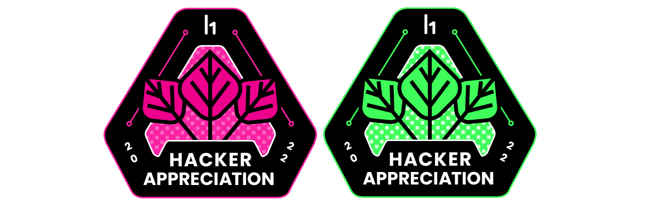 Green and pink badges with the words hacker appreciation 2022