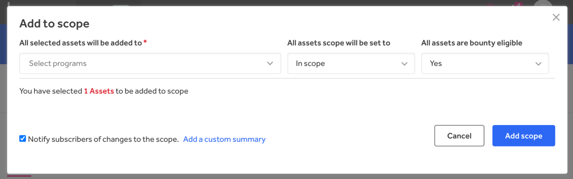 Figure 2 - Adding assets to the scope of a bug bounty program.