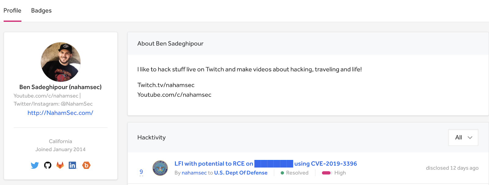 Ben's hacker profile.