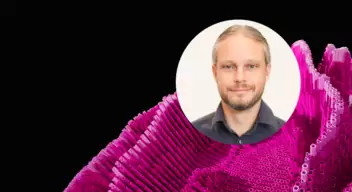 HackerOne CISO Chris Evans in front of an abstract pink pixelated mountain