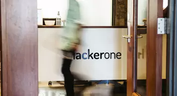 HackerOne logo on front desk in office