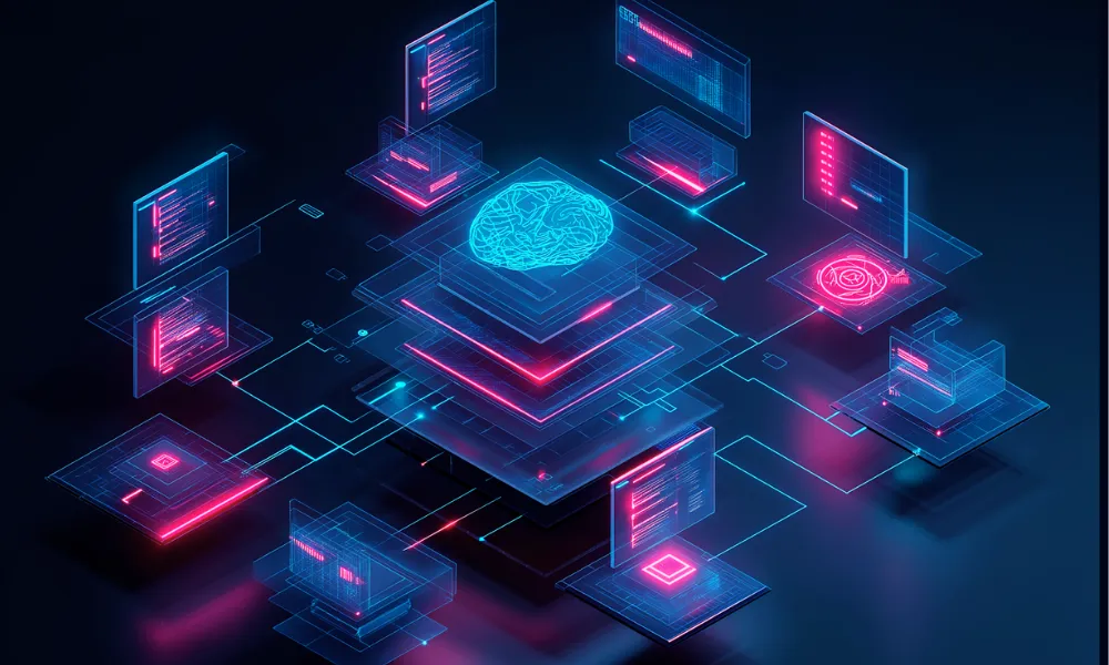 Cyber brain surrounded by screens