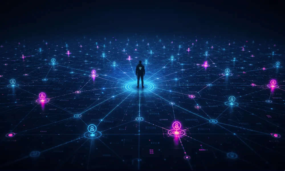Person in digital background
