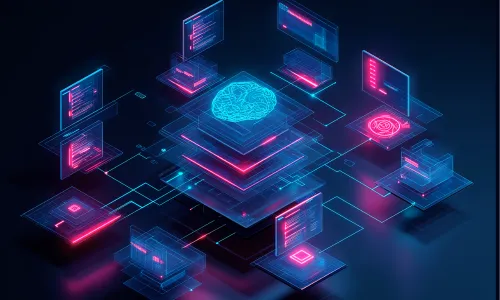 Cyber brain surrounded by screens